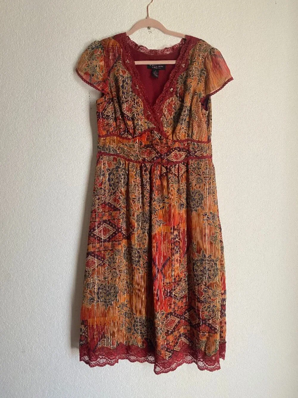 100% Silk Bohemian Paisley Lace-Trim Midi Gypsy Ethereal Dress Robbie Bee - Picture 2 of 11